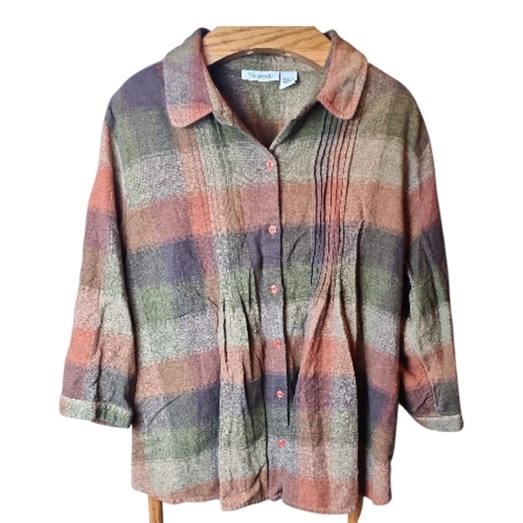 SERENGETI | Green Brown Neutral Plaid Cotton Pintuck Button-Down Shirt Top | 2X - Picture 3 of 8